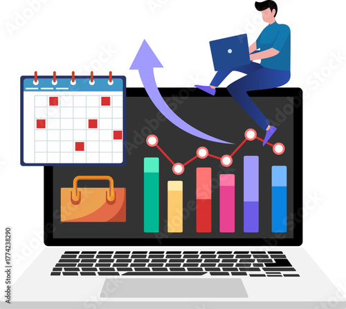 Businessman analyzing growth chart on laptop with calendar and briefcase icons. business graph on laptop