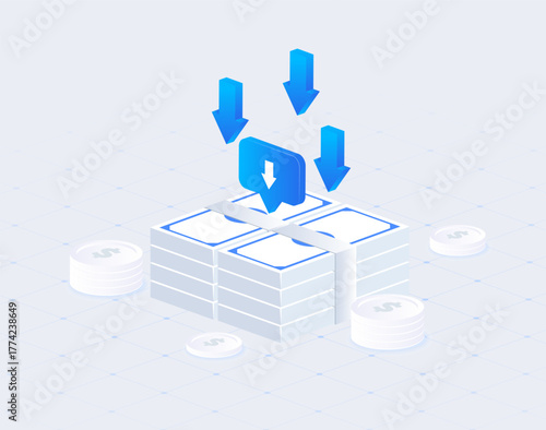 Isometric Money Income Illustration with Cash Stack, Coins, and Downward Arrows Representing Revenue, Profit, and Financial Growth in Blue Digital Style