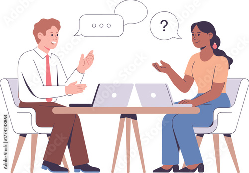 Business meeting with laptop conversation, two people discussing ideas at table, professional communication, teamwork, question and answer concept