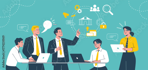 Business team collaborating with technology and strategy icons, modern office illustration for teamwork, brainstorming, planning, SEO, and digital marketing
