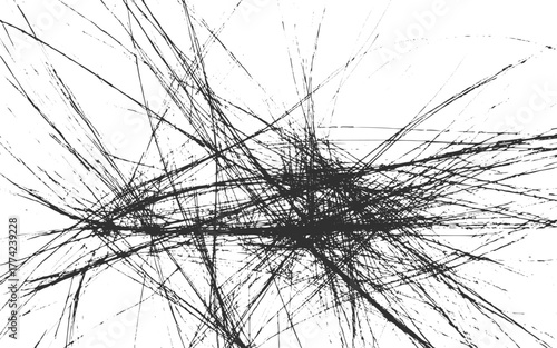 Crosshatched chaotic white line pattern texture. Scratched grunge overlay.Abstract textured effect. Black isolated on white background.Vector illustration.