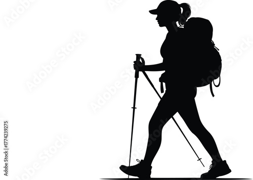 Woman Hiking Silhouette Vector - Female Trekker with Backpack and Poles