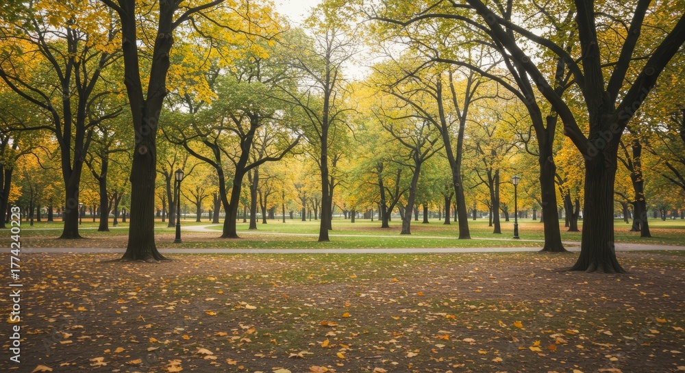 Naklejka premium Beautiful Autumn Landscape in a City Park with Colorful Foliage and Fallen Leaves Creating a Scenic and Tranquil Ambiance