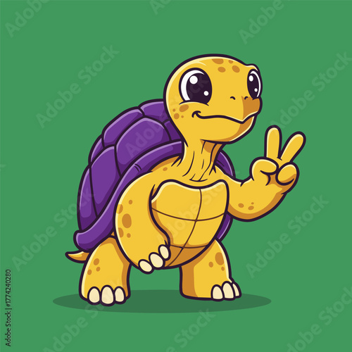 Cute yellow cartoon turtle mascot with purple shell making a peace sign on a green background.