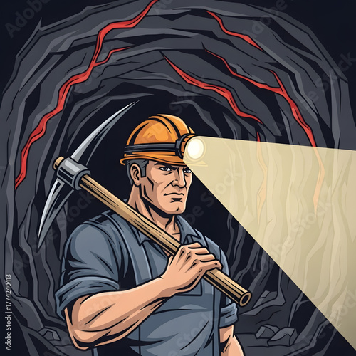 Vector image of a miner with a helmet and a flashlight on his head, holding an axe