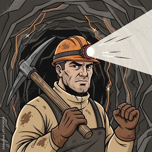Vector image of a miner with a helmet and a flashlight on his head, holding an axe