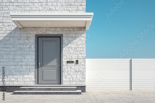 Modern gray door and stone facade with white fence under blue sky.