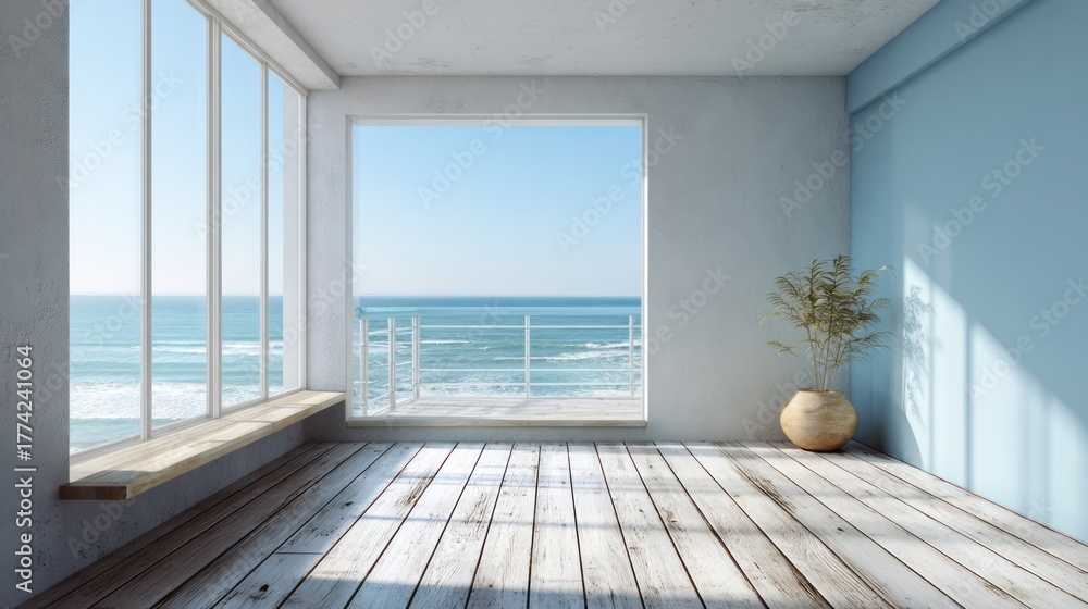 Obraz premium Spacious room with a large window overlooking the ocean.