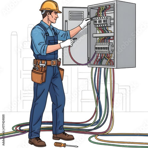 Vector image of an electrician with a safety helmet and tools on his belt, checking an electrical panel