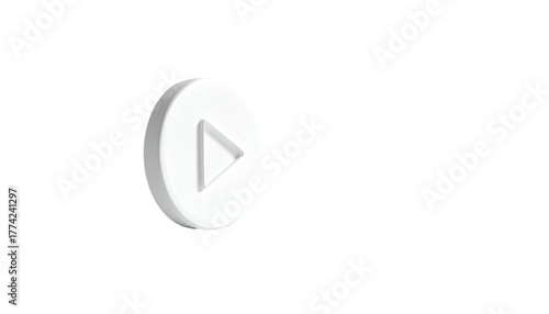 A glossy white 3D play button floats against a stark black background