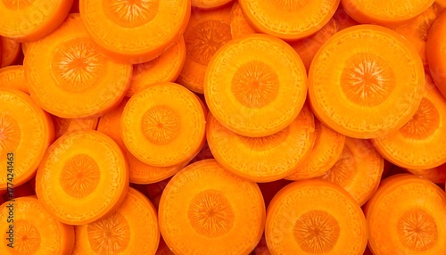 Close-up view of a pile of freshly sliced carrot rounds