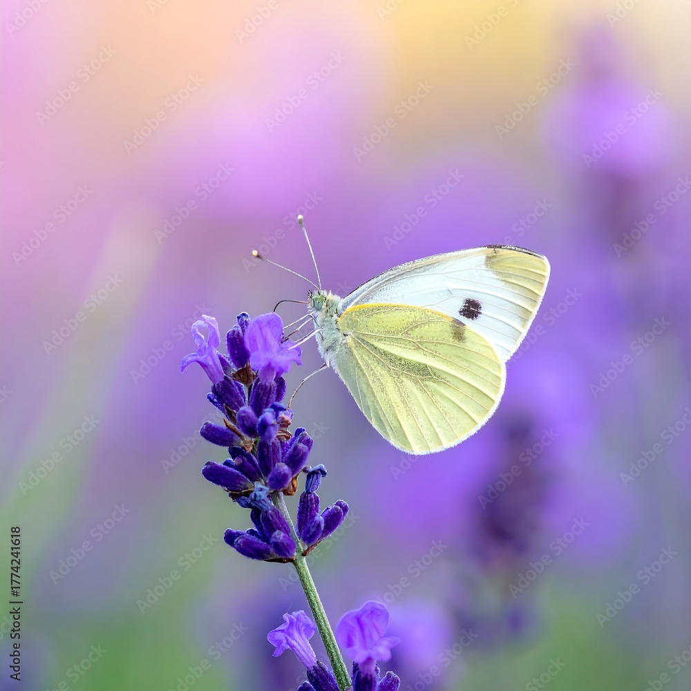 Naklejka premium Close-up of a white butterfly on vibrant purple lavender