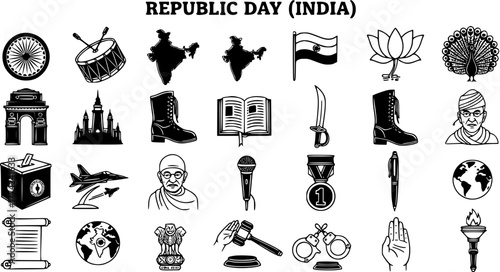 Indian Republic Day symbols vector icon set. Collection of black and white graphics representing national pride, freedom, democracy, and heritage.