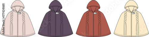 Collection of elegant hooded cloaks with pom-pom detail. A colorful vector technical flat illustration for winter outerwear apparel