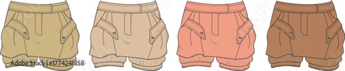 Set of women's baggy cargo shorts in various earth tone colors. Fashion illustration or technical flat sketch for apparel design