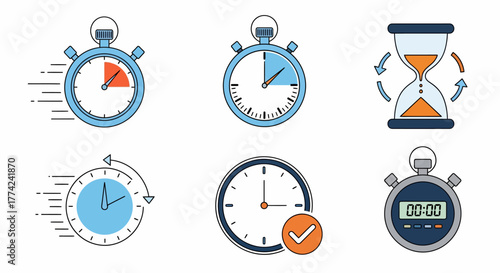 Set of Time Vector Icons A Collection of Stopwatches, Clocks, and Hourglasses