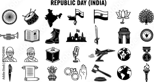 Republic Day (India) Icons Set - Collection of National Symbols, Landmarks, and Elements in Outline Style