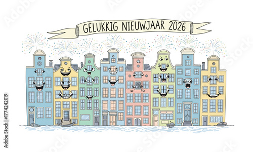 Cute Amsterdam Houses Happy New Year 2026 Illustration