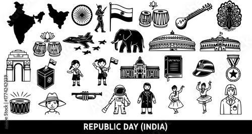 Republic Day India Vector Illustration Set: National Symbols, Culture, Landmarks, People