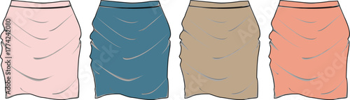 A versatile collection of four fashion illustrations depicting elegantly draped midi-skirts in various soft pastel and earthy tones, ideal for apparel design inspiration and textile projects