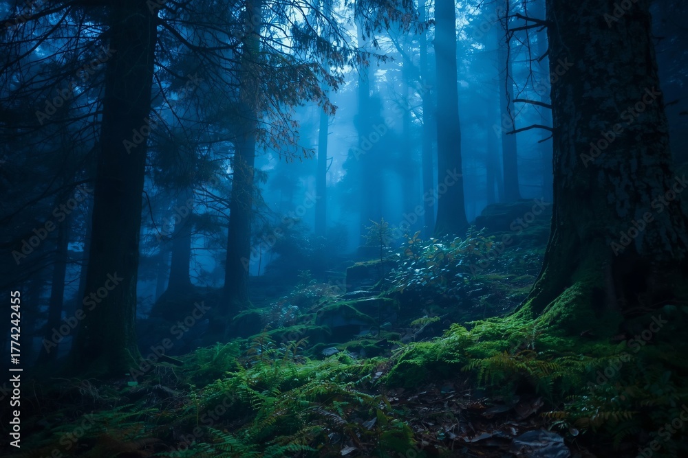 Fototapeta premium Soft blue light fills a forest edge covered in moss and ferns. Mist drifts between trees in a calm and cinematic blue hour mood.