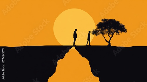 Two figures stand on a cliff edge at sunset.