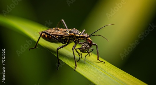 Assassin Bug Preying on Another Insect with Meticulous Detail Captured in Macro Lens