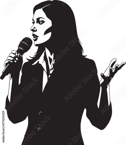 Vector illustration of a powerful female speaker or singer holding a microphone.