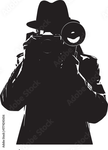 Silhouette of a photographer in a hat and trench coat with a camera and flash.