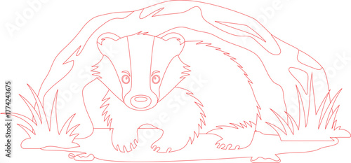 Badger Coloring Page Outlined Animal in Den Surrounded by Grass, Ready to Color