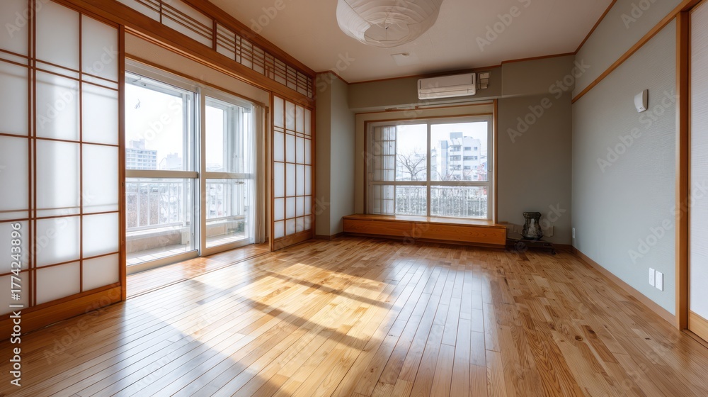 Obraz premium Empty room with wooden floors and shoji screen doors bathed in sunlight.