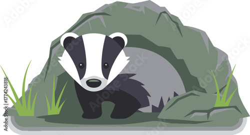 Cartoon Badger Peeking Out From a Rock Den Surrounded by Grass Illustration