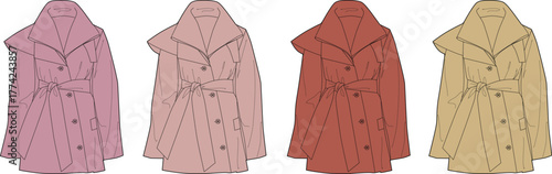 Fashion technical flat sketch collection of a woman's trench coat. Outerwear template shown in four different color options for apparel design and vector illustration
