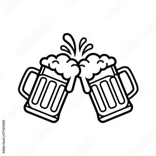 Beer Mugs Clinking Vector | Cheers Celebration Icon | Party Drink Outline Illustration
