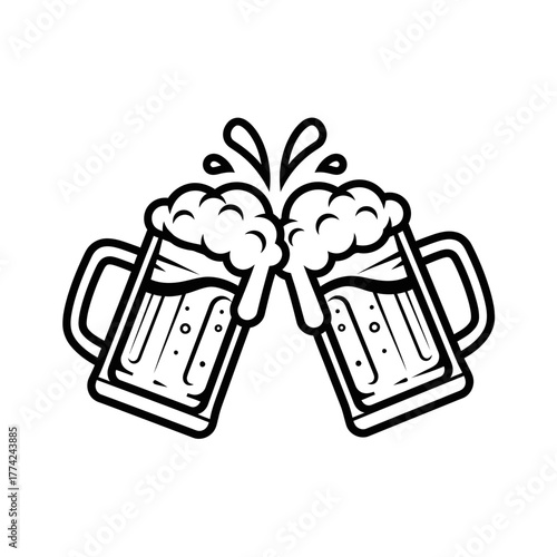 Beer Mugs Clinking Vector | Cheers Celebration Icon | Party Drink Outline Illustration