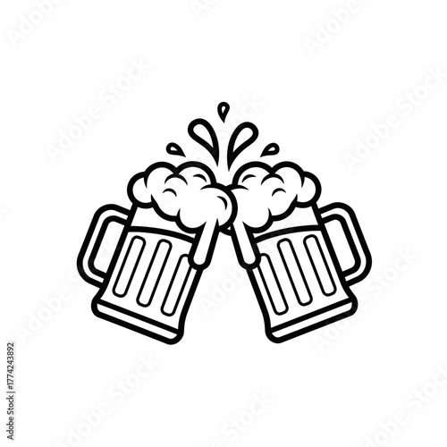 Beer Mugs Clinking Vector | Cheers Celebration Icon | Party Drink Outline Illustration
