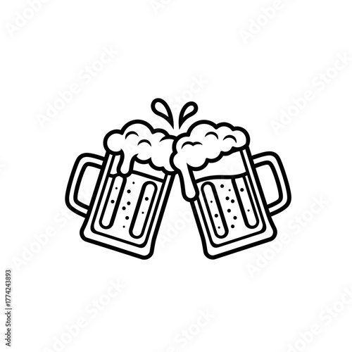 Beer Mugs Clinking Vector | Cheers Celebration Icon | Party Drink Outline Illustration