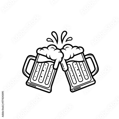 Beer Mugs Clinking Vector | Cheers Celebration Icon | Party Drink Outline Illustration
