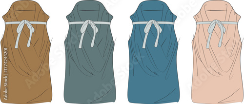 Collection of women's sleeveless summer tops with an elegant bow tie in the back, presented in four different color variations as a vector fashion flat sketch