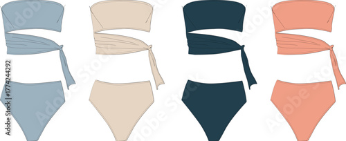 Collection of four high-waisted bikinis in different colors, each with a strapless top and a wrap detail