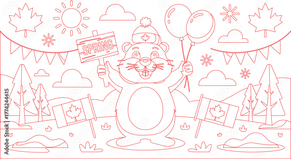 Obraz premium Cartoon Groundhog Holding Spring Sign and Balloons with Canadian Flags and Maple Leaves Coloring Page