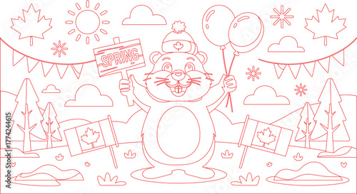 Cartoon Groundhog Holding Spring Sign and Balloons with Canadian Flags and Maple Leaves Coloring Page