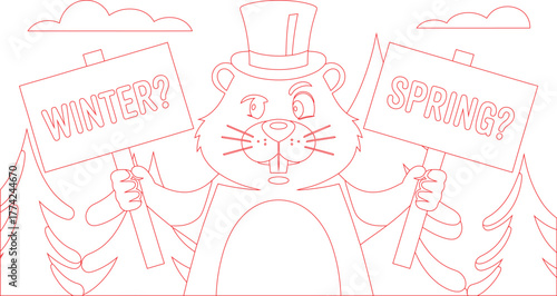 Cartoon Groundhog in Red Outline with Winter? and Spring? Signs Amidst Trees and Clouds