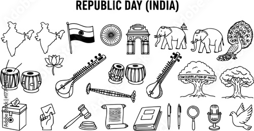 Republic Day (India) Vector Line Art: A Symbolic Collection of Indian Icons