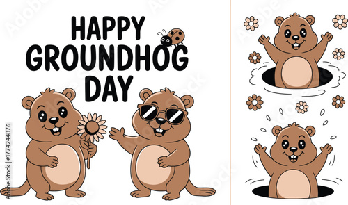 Cartoon Groundhogs Celebrating Groundhog Day With a Flower, Sunglasses, and Popping From a Hole