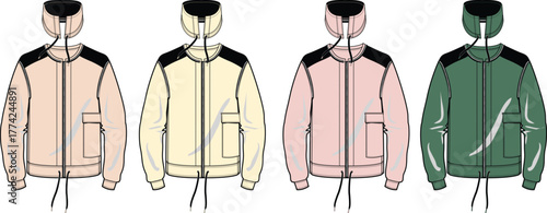 Four bomber jackets displayed in different colors light pink, beige, rose, and dark green, showcasing fashion design