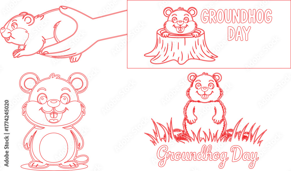 Obraz premium Cartoon Groundhogs Outline Groundhog Day Graphics Featuring Marmots, Hand, Stump, and Grass Designs in Red