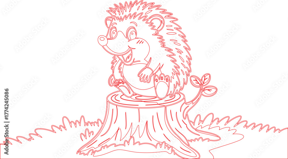 Obraz premium Cartoon Hedgehog Sitting on a Tree Stump, Red Outline Drawing Isolated Illustration