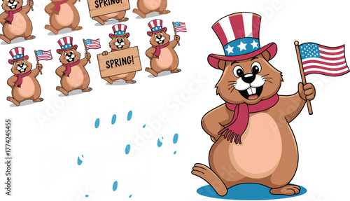 Cheerful Cartoon Groundhogs with Patriotic Hats, American Flags, and Spring Signs, Illustration