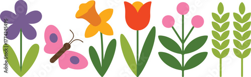 Colorful Cartoon Illustration Purple Flower, Pink Butterfly, Yellow Daffodil, Red Tulip, Berries, Wheat Sheaves on White